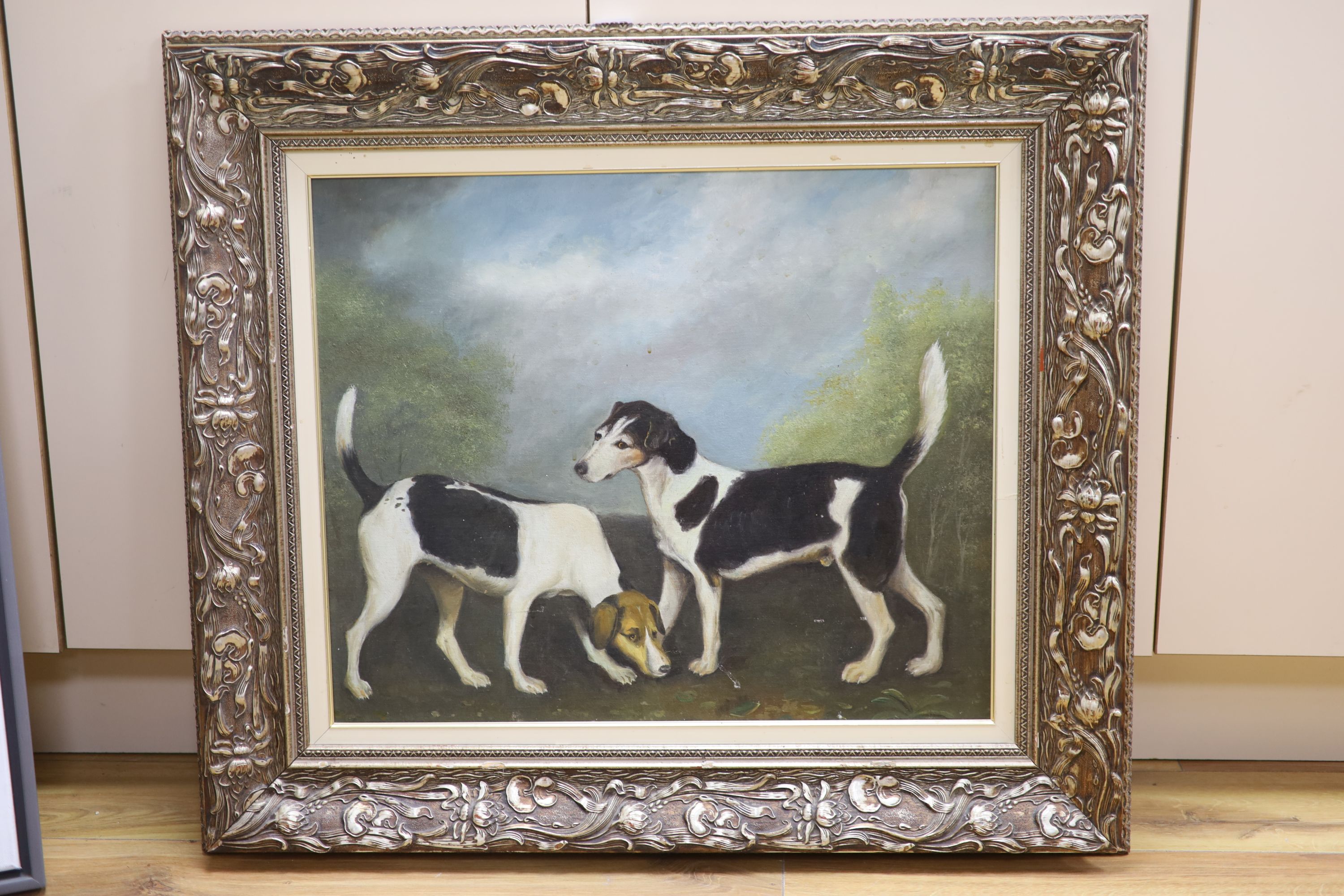 English School, oil on board, Study of two hounds in a landscape, 48 x 58cm